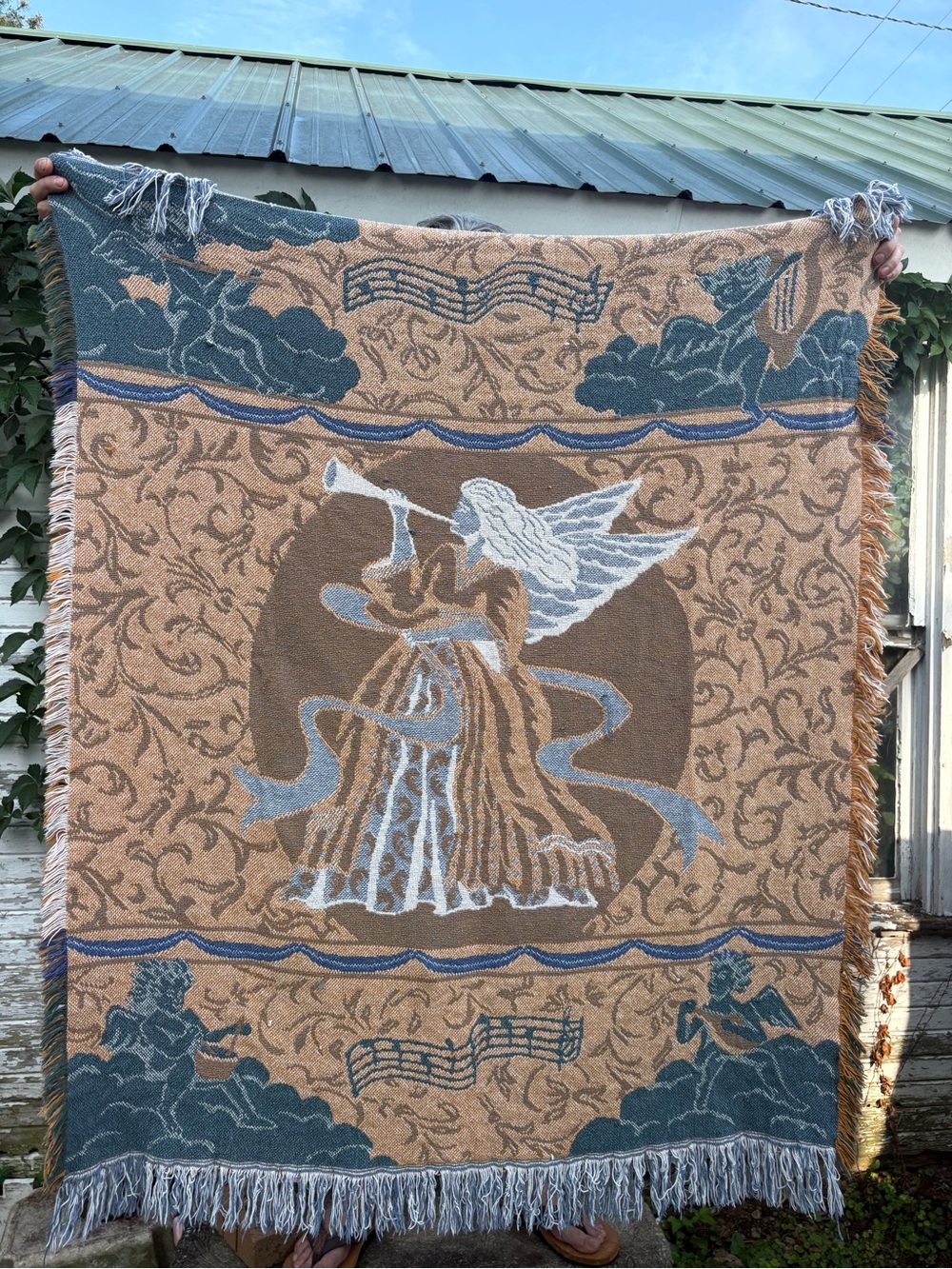 Angel and Cherub Whimsigoth Tapestry Wall Throw in Tan and Blue